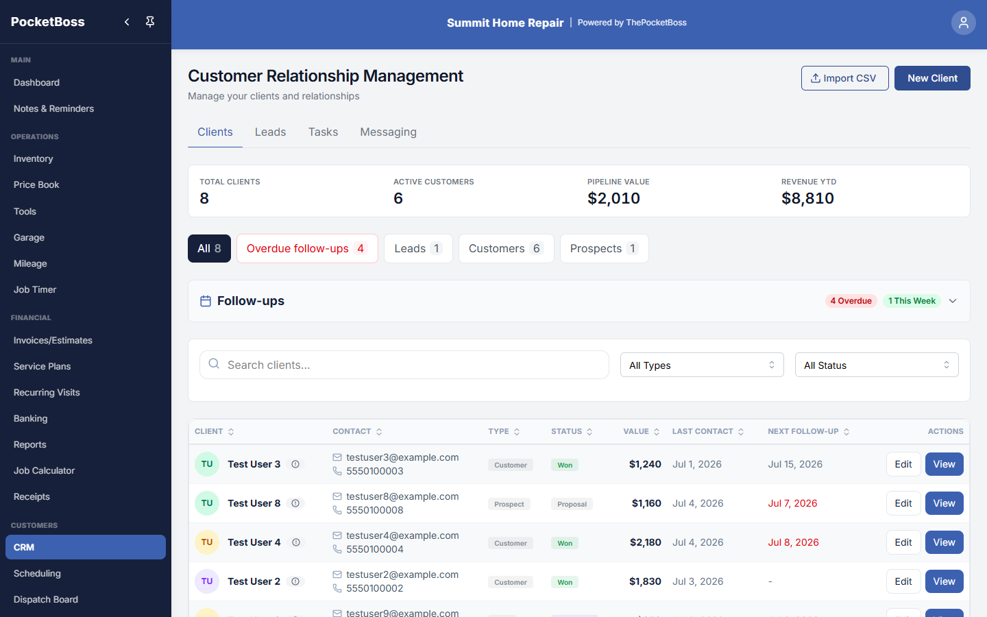 PocketBoss CRM customer workspace