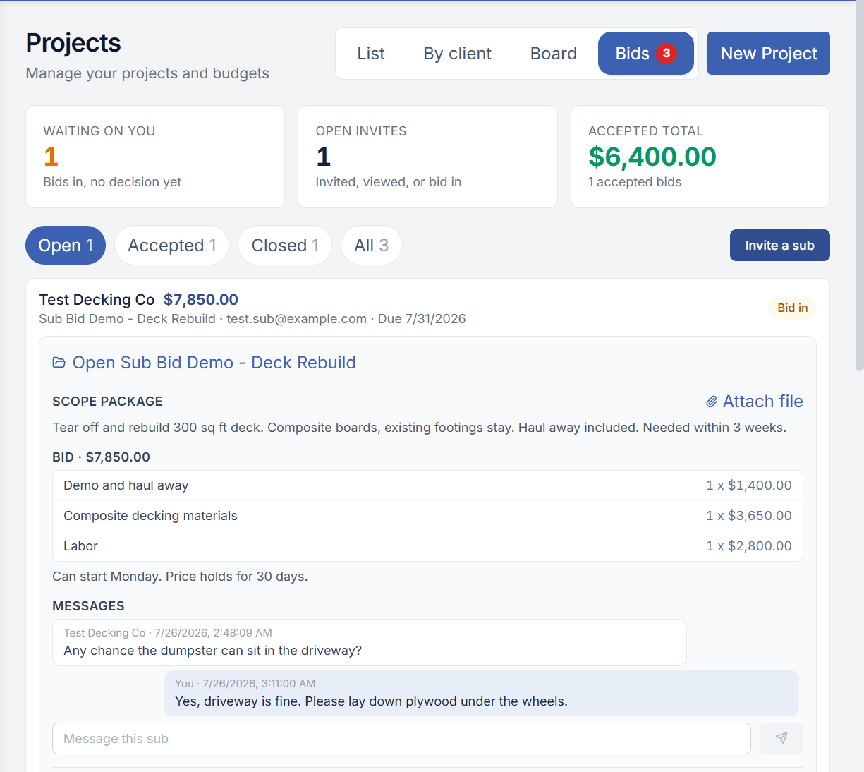 PocketBoss project bidding workflow showing a shared scope, itemized subcontractor bid, project messages, and bid decision controls